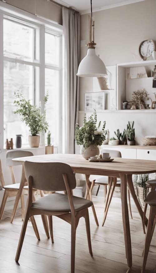 Área de jantar em estilo escandinavo em tons neutros e móveis de design minimalista.