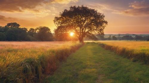 A vibrant sunrise over a peaceful country landscape with 'I am grateful for each new day' appearing in the rising sun.