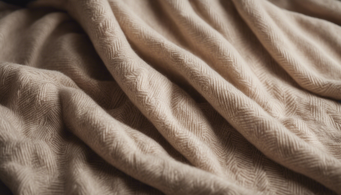 Lightweight cashmere throw with a soft herringbone pattern in beige color. Hintergrund[1e1c247d55c941a39eea]
