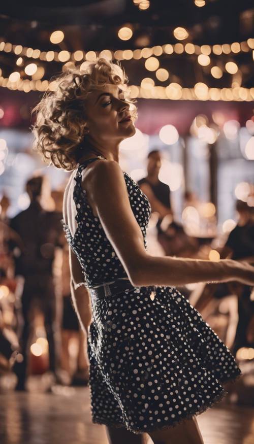 A woman in a polka dot dress dancing to Rock 'n Roll.