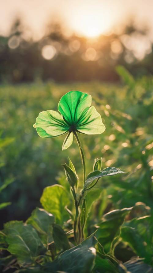 A fresh, emerald green flower blooming at sunrise.
