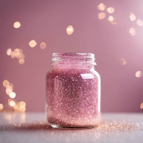 Um frasco de vidro transparente cheio de glitter rosa claro cintilante.
