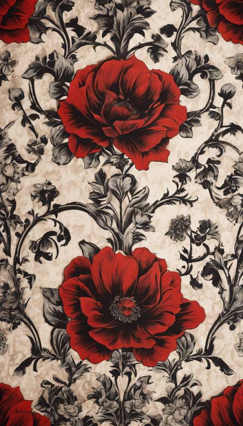 Exquisite red and black floral pattern on an antique wallpaper