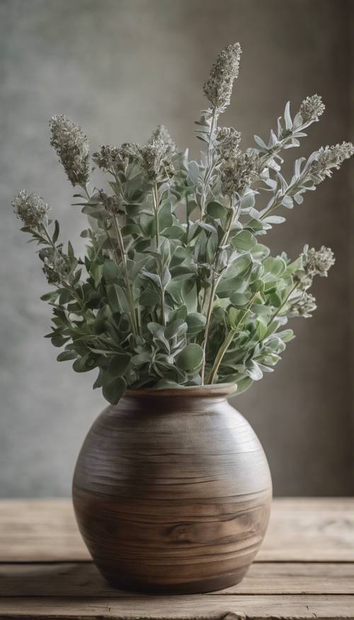A beautiful bouquet of sage green flowers set in a simple rustic vase on a wooden table.