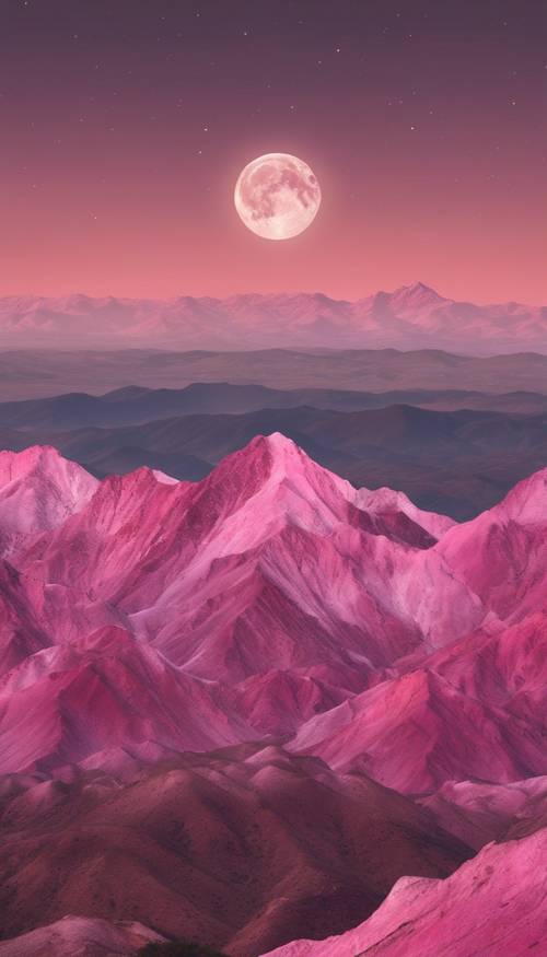 Uma cadeia de montanhas rosadas iluminadas pela luz da lua cheia.