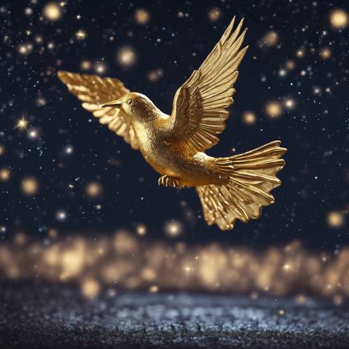 Seekor burung emas terbang dengan latar belakang langit malam berbintang.
