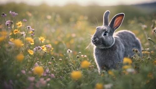 Un conejito gris con una pajarita a cuadros saltando en un prado lleno de flores silvestres.