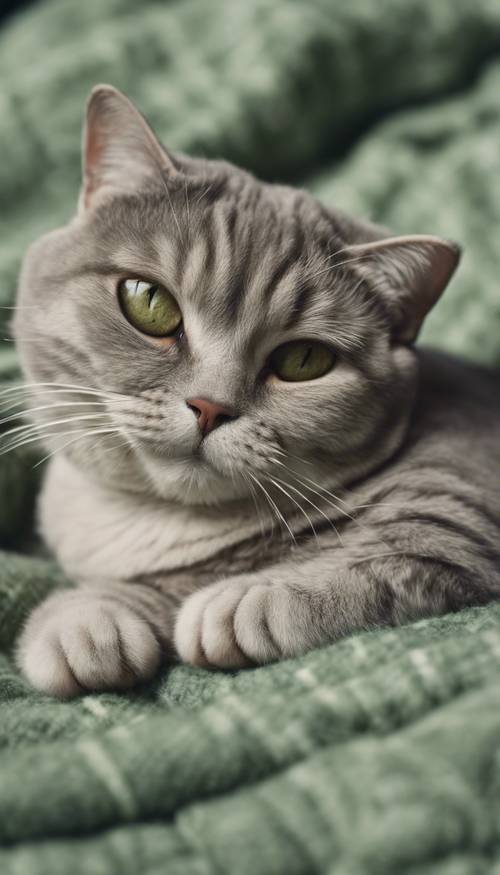 แมวสก็อตติชโฟลด์นอนหลับบนผ้าห่มลายสก๊อตสีเขียวเสจ