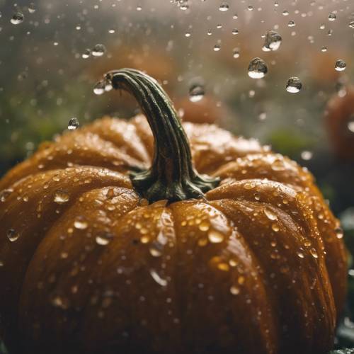 Close-up of raindrops accumulating on the surface of a newly harvested pumpkin, amidst misty weather. Tapeta [97d46c4c4dc1439ea89c]