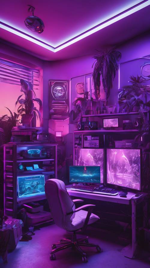 Ruang permainan epik di senja hari dengan PC gaming ungu dan putih yang kuat, lampu LED menerangi ruangan dengan lembut.