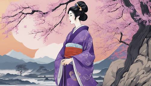 Japoński obraz w stylu ukiyo-e przedstawiający szlachciankę w powiewającym fioletowym kimonie.