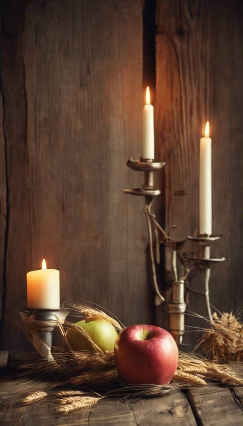 Rustic imagery of a still life with wheat sheaves, ripe apples and a burning candle on a wooden table.