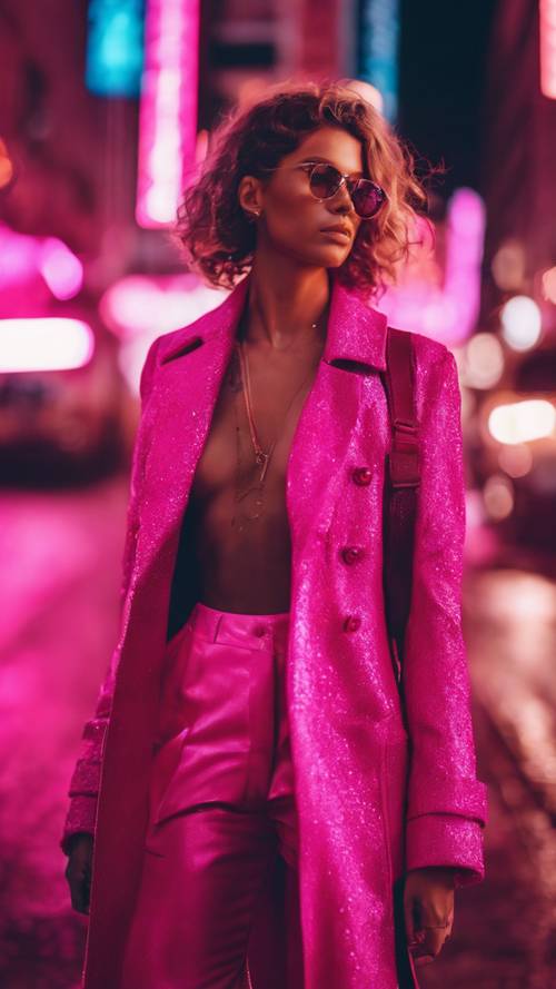 A stylishly dressed model posing on a busy city street at sunset, all bathed in hot pink light.