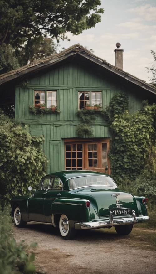 Um lindo carro antigo verde escuro dos anos 50 estacionado em frente a uma antiga casa de campo.
