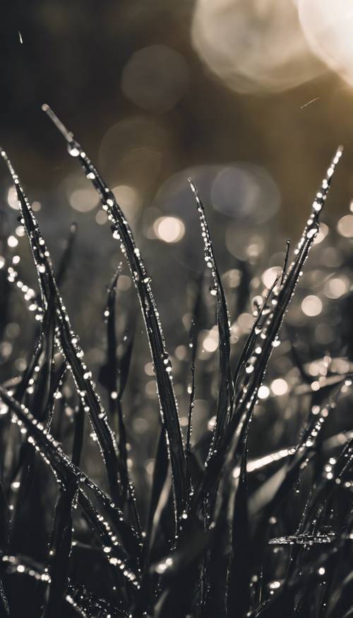 A close-up of black grass blades with rain droplets clinging to their surfaces. Tapet [db77f04b153b4024a3e9]