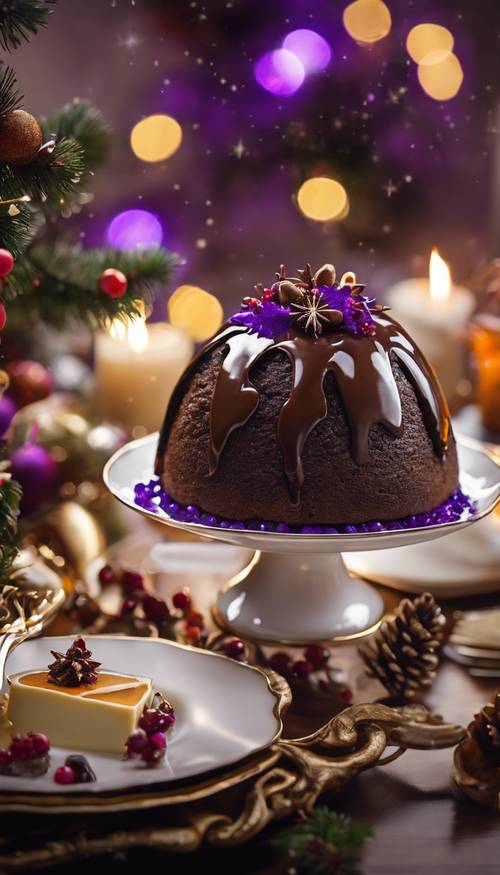 Una mesa de postres bellamente presentada con un delicioso pudín de Navidad decorado con acebo morado.