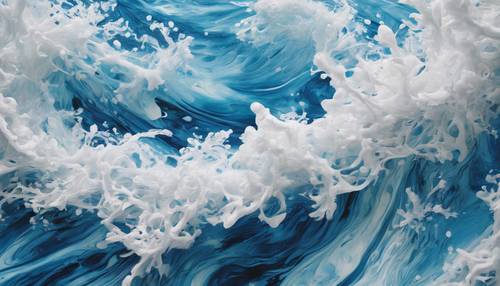 ציור מופשט של זרמי אוקיינוס ​​מתערבלים בצבעי כחול ולבן עזים המציגים אמנות מודרנית.