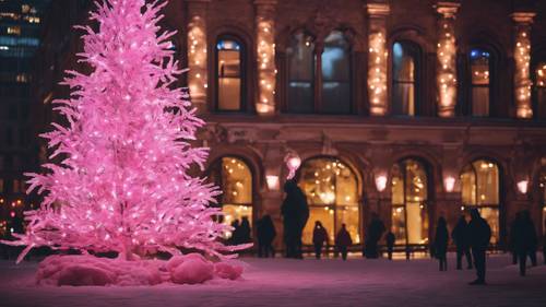 An outdoor Christmas tree in a city plaza, spectacularly lit with pink lights.