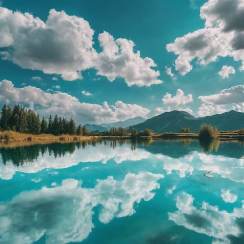 Um lago cristalino refletindo as nuvens azul-turquesa em suas águas.