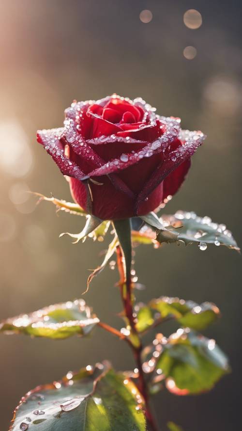 A close-up of a single red rose covered in morning dew drops.