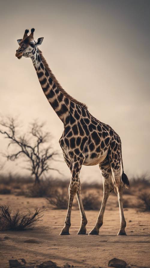 一只长颈鹿走过一片末日般的荒芜景观，象征着忍耐。