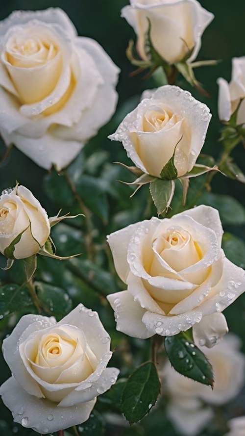Dúzia de rosas brancas, delicadamente salpicadas de orvalho, aquecendo-se ao sol da manhã em um jardim exuberante.