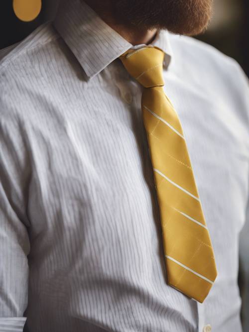 プレッピースタイルの黄色いネクタイとカジュアルシャツのクローズアップ。クラシックなスタイルを象徴します