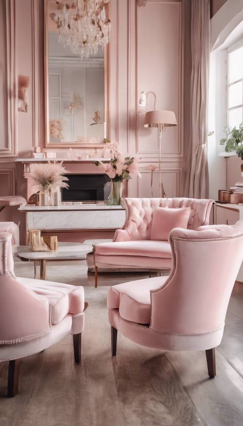 Un salon chic aux tons pastel avec des chaises en velours rose clair.