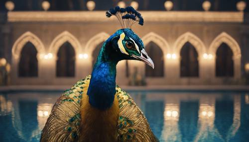 Un pavo real dorado reflejado en la piscina de un palacio a la medianoche iluminada por la luna.