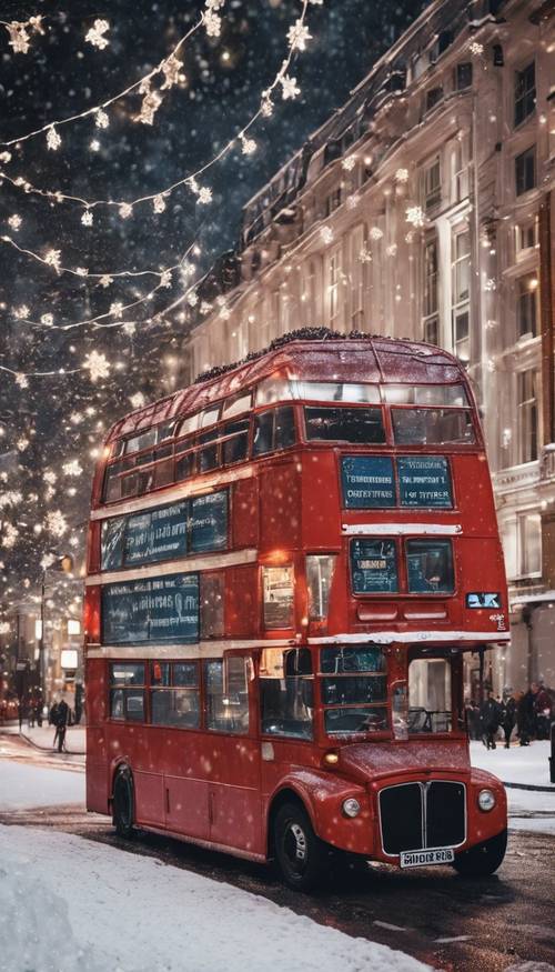 Double-decker bus on a snow-filled London street during the holiday season, with lights and decorations.