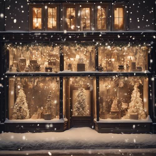 Une vignette de vitrines de boutiques décorées pour la saison de Noël avec des lumières scintillantes et des flocons de neige.