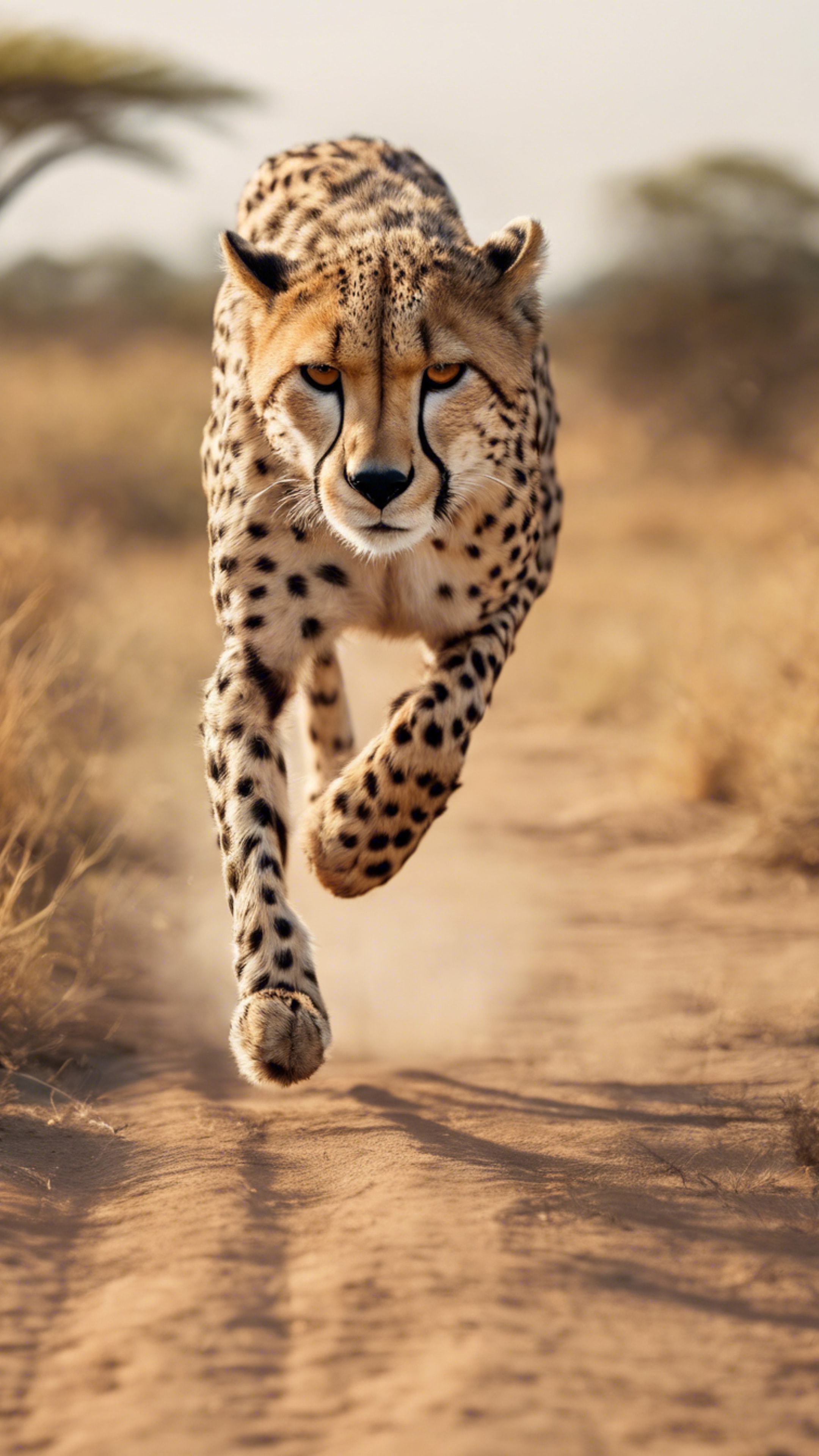 An African landscape with a cheetah sprinting, its distinct print standing out. Wallpaper[0bde3fe539cf4d91aae2]