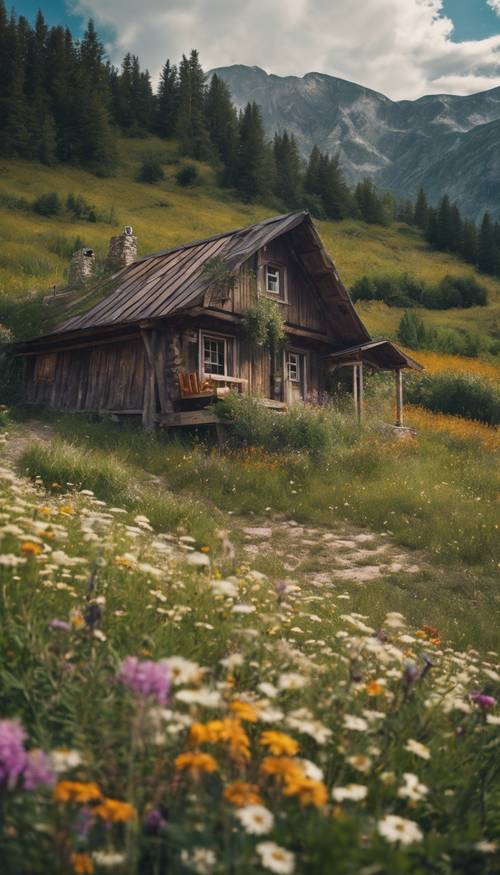 A secluded valley in the mountains with a small, rustic cabin amidst wildflowers.