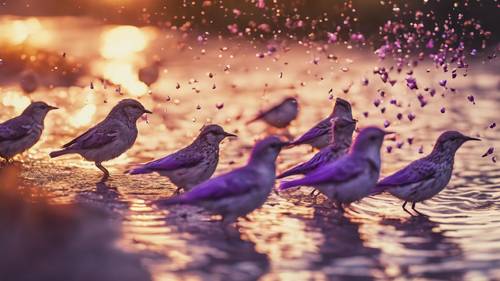 A flock of tiny birds with purple plumage dancing above a sparkling creek at sunrise.