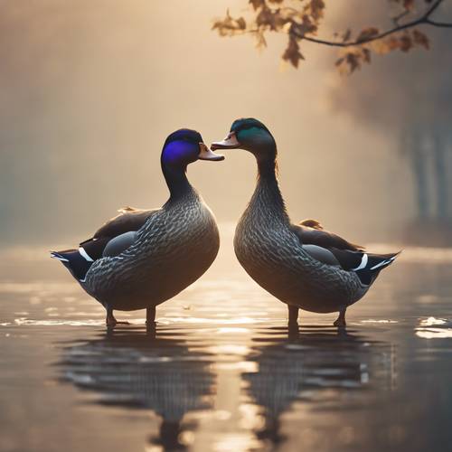 A pair of lovestruck ducks entwining necks in a delicate heart shape on a misty morning.