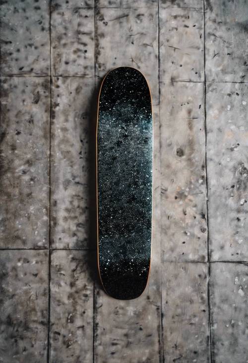 A grunge-style skateboard deck with a black and silver glitter design.