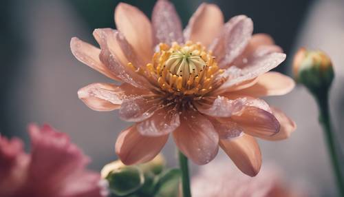 Uma imagem em close-up de uma flor rara e linda desabrochando, com detalhes de pétalas vibrantes, pólen e caules, em um ambiente botânico contemporâneo.