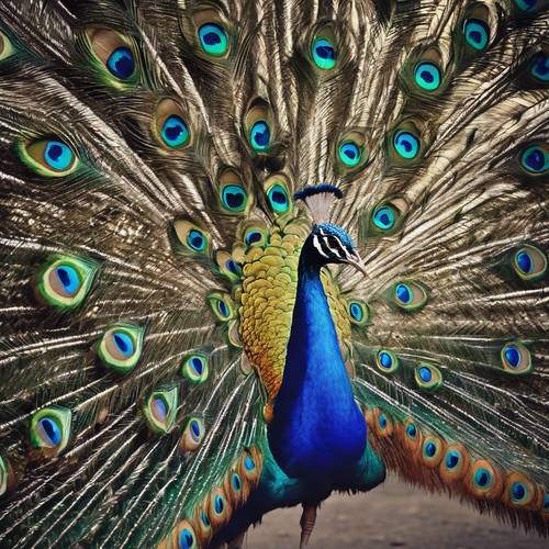 An energetic blue peacock parading through a lively carnival festival.