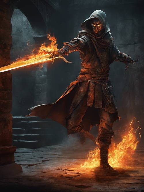 어둡고 으스스한 던전에서 불타는 검을 휘두르는 강력한 게임 캐릭터.