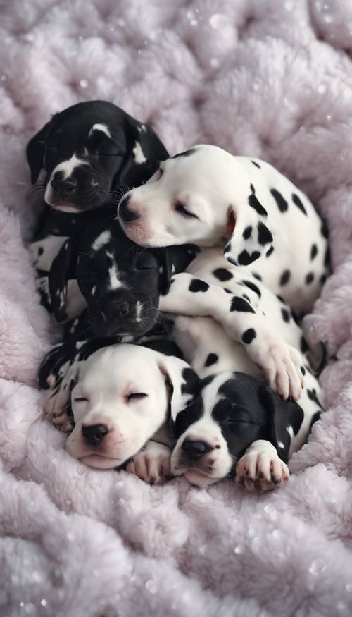 Three Dalmatian puppies sleeping cuddled together on a cloud-patterned blanket, with a crescent moon soft pillow by their side.