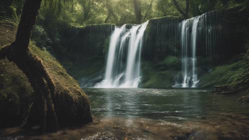 A roaring waterfall in a lush forest with the saying 'Stay strong, let your strength flow' embedded in the cascading water.