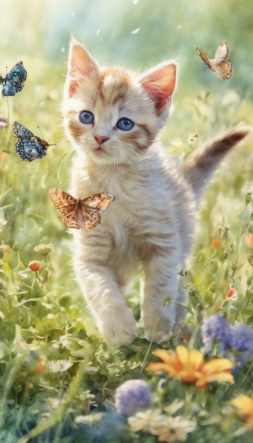 Una stravagante illustrazione ad acquerello raffigurante una scena giocosa di gattini che inseguono farfalle in un prato primaverile.