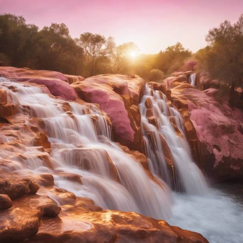 Uma cachoeira caindo sobre formações rochosas douradas e rosadas durante a hora dourada.