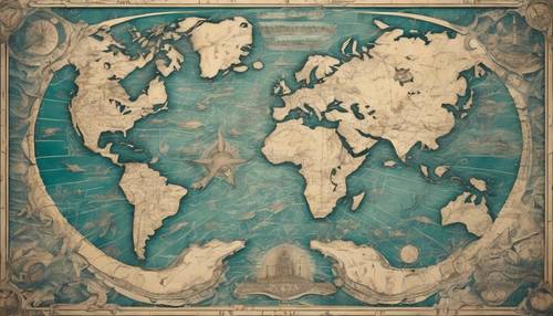 Alte Seekarte mit dem Umriss des Meeres und detaillierten Zeichnungen mythischer Meerestiere.