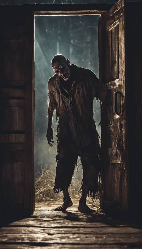 A ghoulish zombie breaking through an old wooden door under the pale moonlight.