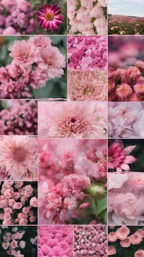 Eine Collage aus verschiedenen Rosatönen von Blumen in voller Blüte.