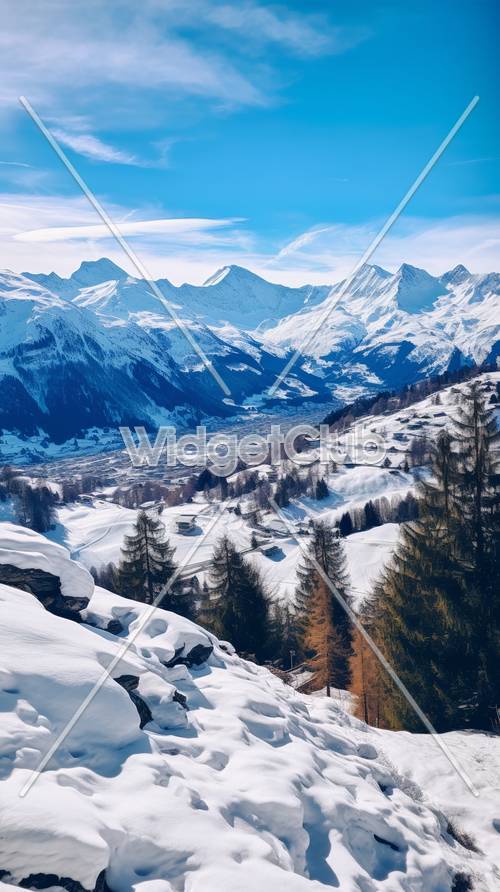 Panorama śnieżnej wioski alpejskiej