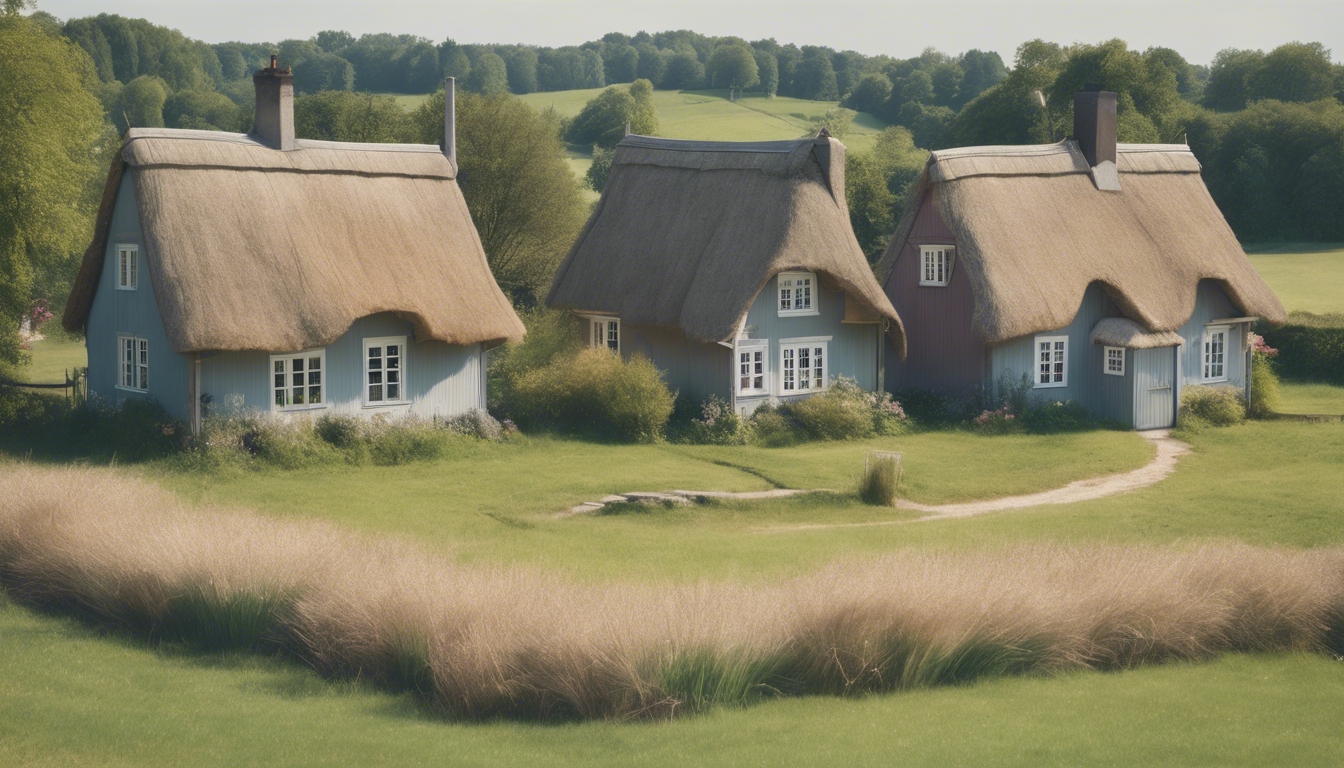 Traditional Danish thatched-roof houses in a beautiful countryside, painted in soft pastel colors. Hintergrund[6e1876bf07e949009d37]