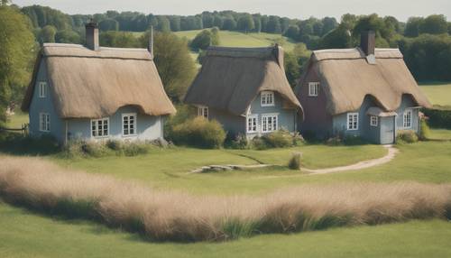 Traditional Danish thatched-roof houses in a beautiful countryside, painted in soft pastel colors.