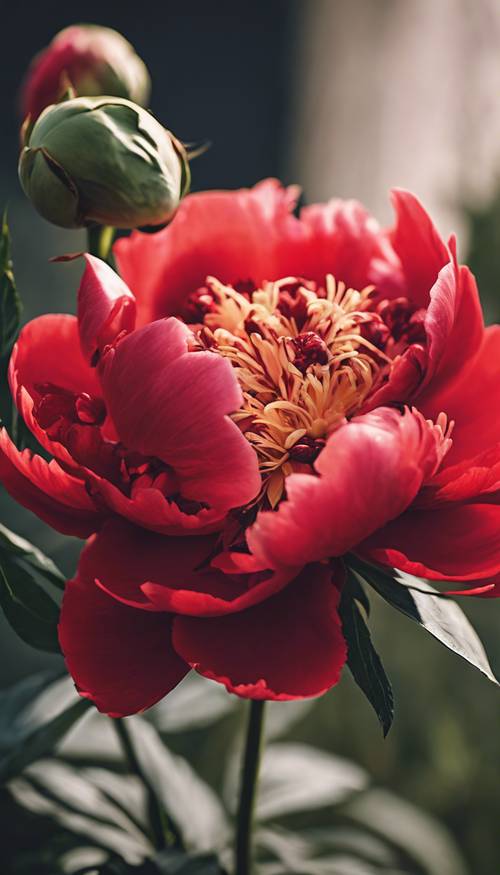 Bunga peoni merah cerah mekar penuh, dengan kuncup terbuka di sampingnya.
